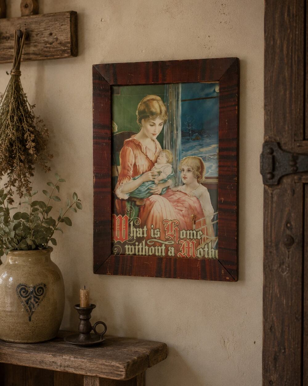 Vintage Early 1900s Litho Print What is a Home Without a Mother Tiger Wood Frame